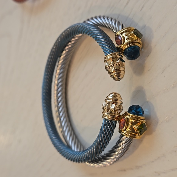 Set - Cuff bracelets Cable Style.  Gold with multiple stones In Blues. Holidays - Picture 1 of 3